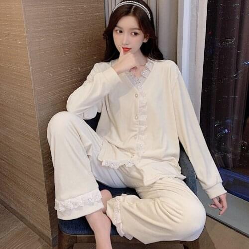 Womens 2PC Outfits Long Sleeve Trousers V-neck Lace Pajama Sets Autumn White Velvet Warm Sleepwear Suit Home Service Suit