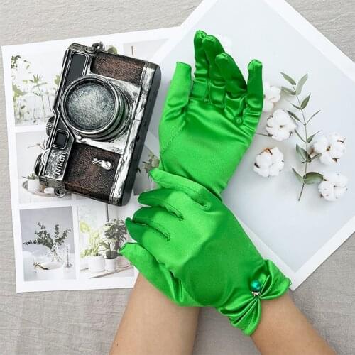 Korean Thin Short Satin Wedding Dress Gloves Women Summer Full Finger Elastic UV Pearl LaceCycling Driving Sunscreen Mittens M40