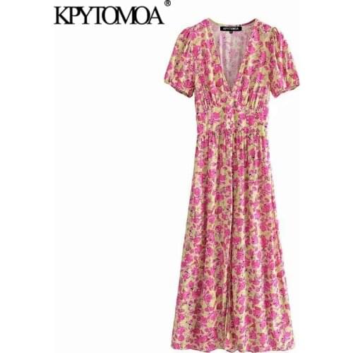 KPYTOMOA Women 2021 Fashion With Buttons Floral Print Slit Hem Midi Dress Vintage Puff Sleeve Back Smocked Female Dresses Mujer