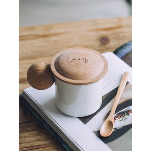Household Creative Metal Cup with Wood Cover and with Handle Milk Breakfast Mug