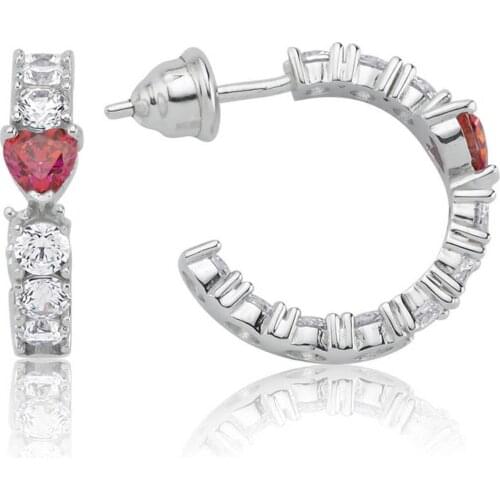 Valori Jewels 2.70 Carat, Zirconia Red Heart And White Round Gemstone, Rhodium Plated, Sterling Silver Earrings