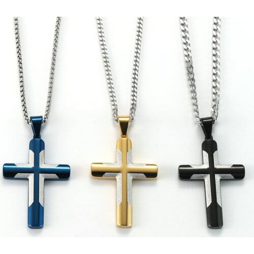 Hot Selling Stainless Steel Jewelry Mens Cross Necklace Gold/Black/Blue Wedding Gift Pendant For Men