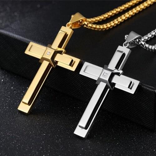 New Punk Style Rock Unix Mens Cool Silver Gold Cross Pendant Stainless Steel Necklace Accessories Box Chain