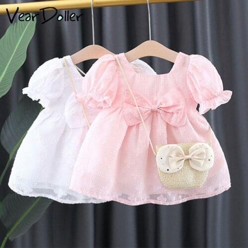 VearDoller Girls Casual Dresses Summer New Arrival Childrens Clothing Short Sleeve Princess Dress with Bow Bamboo Basket Bag