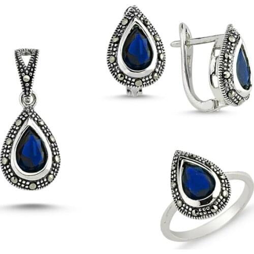 Silver 925 Sterling Marcasite Pendant Earring & Ring Set