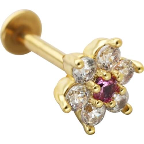 JHJT 16G Lip Studs 316L Surgical Stainless Steel Flower Cubic Zirconia Labret Stud Lip Cartilage Earring Piercing Ring