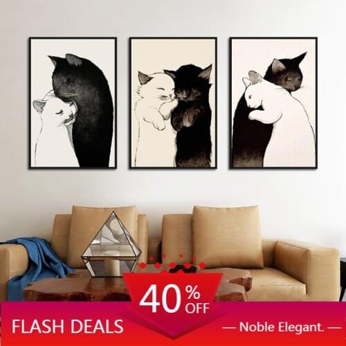 Nordic Canvas Painting Poster Home Decor Decoration Animals Cute Black White Cat Couples Modular Art Wall Pictures For Modern Be