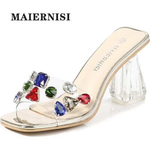 Women Slippers Fashion Rhinestones Sexy High Heeled 8CM Women Sandals Clear Heels Open Toe Mules Transparent Female Party Shoes