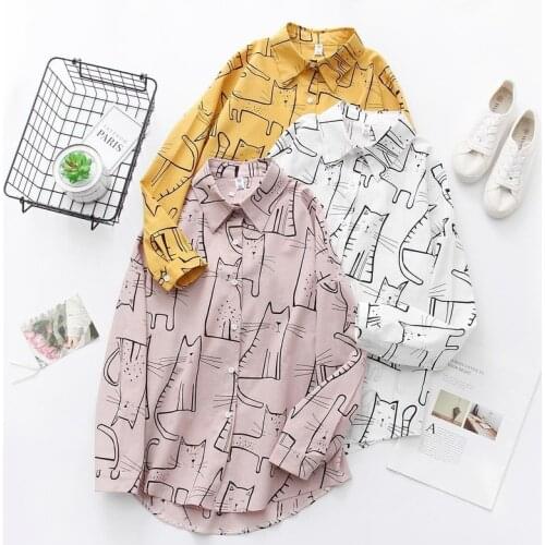 Fashion Cotton Cute Cat Print Loose Casual Ladies Blouse Tops 2021 Spring Autumn Women Turn Down Collar Long Sleeve Pink Shirt