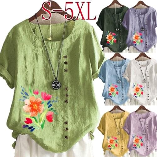 Womens Fashion Linen Shirt Round Neck Short Sleeve Floral Print T-shirt Summer Ladies Casual Plus Size Top