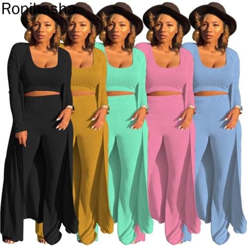Ronikasha Womens Tracksuit Winter Autumn Knitted Long-sleeved Blazer Coat Tank Long Pants Three Piece Sets Outfit