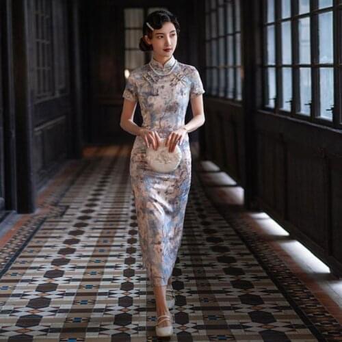 Noble Women Evening Party Dress Chinese Traditional Ladies Print Flower Cheongsam Vintage Stage Show Gown Short Sleeve Qipao