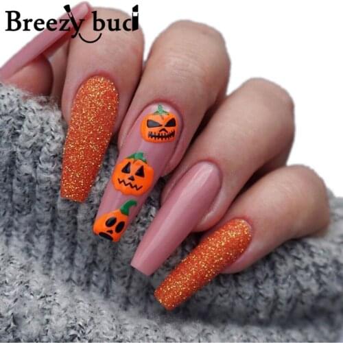 Halloween Glitter False Nails With Glue Flash Punk Pumpkin Nail Tips French Coffin Fake Nails Artificial Press On Nail Art Tools