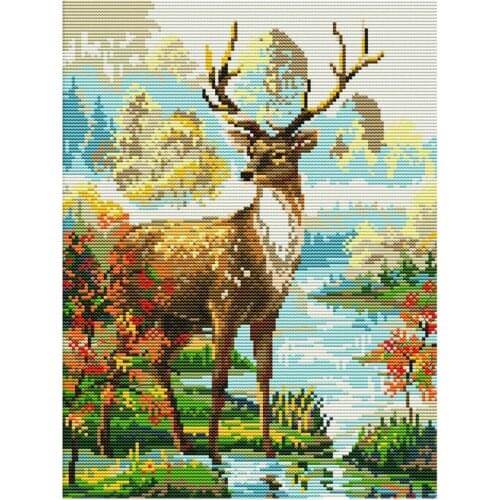 BMBY-11CT Stamped Cross Stitch Kits Pre Printed Embroidery Cloth DIY Needlepoint for Beginners (Stag)