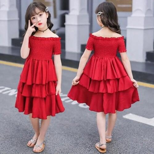 Kids Summer Shoulderless Red Layered Dresses For Girls 3-15 Years Children Clothing Toddler Teenage Girl Party Princess Dress