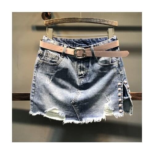 Jean Skirt Woman Spring Summer New Slim Fit All-match Denim Skirt High Waist Irregular Short Mini Rippede Jeans Skirt Pant Femme