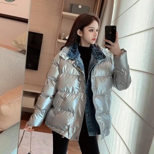 Denim Splicing Fake Two Piece Coat Bright Leather Loose Thickened Cotton-padded Jacket Fashion Casual Ladies Coats and Jackets
