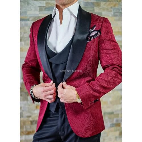 Elegant 3 Piece Suit 2018 Casual Style Slim Fit Morning Dinner Prom Suits Groom Tuxedos Groomsmen Burgundy Wedding Blazer Suits