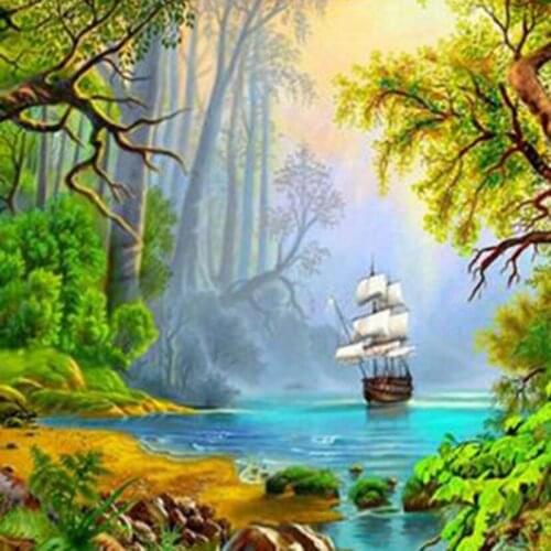 5D DIY Square/Round Diamond Landscape Painting Lake Sailing Boat Beauty Picture Cross Stitch Embroidery Home Decoration WG3026
