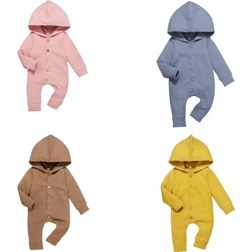 Baby Hooded Jumpsuit Solid Color Single Breasted Decoration Rolled Cuffs Sweet Style Spring Clothing