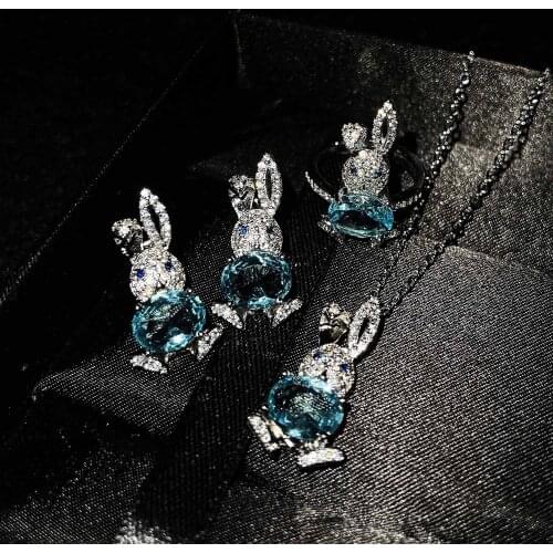 QTT Cute Rabbit Jewelry Set 925 Sterling Silver Necklace Ring Earrings Set Jewelry Set Blue Cubic Zirconia Birthday Gift