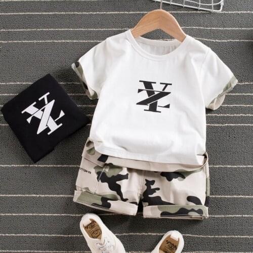 Summer Infant Kids Boy Camouflage Print Set Short Sleeve Crew Neck Top with Pocket and Short Pants 2 Pcs Suit