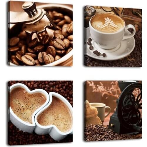 Kitchen Canvas Art Coffee Bean Coffee Cup Canvas Prints Wall Art Decor 4 Panels Modern Artwork Painting Pictures for Dining Room