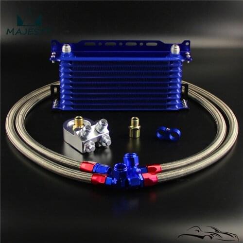 10 Row Trust Oil Cooler w/ Bracket + M20*1.5 / 3/4*16 Filter Adapter Hose Kit Blue