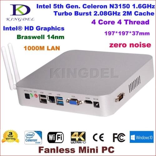 Fanless Mini PC,HTPC,Intel 5th Gen. Celeron N3150,Quad Core,14nm,Small Size Compute,HDMI,VGA,Optical,COM RS232,6*USB,Windows 10