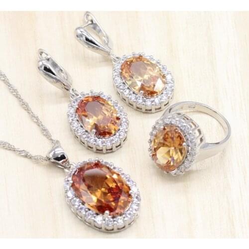 Silver Color Jewelry Sets Champagne Cubic Zircon Earrings/Pendant/Necklace/Ring for Women Free Gift B
