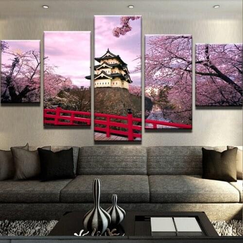 Canvas Wall Art Pictures HD Printed Poster 5 Pieces Home Decor Cherry Blossoms Castle And House Paintings(No Frame)