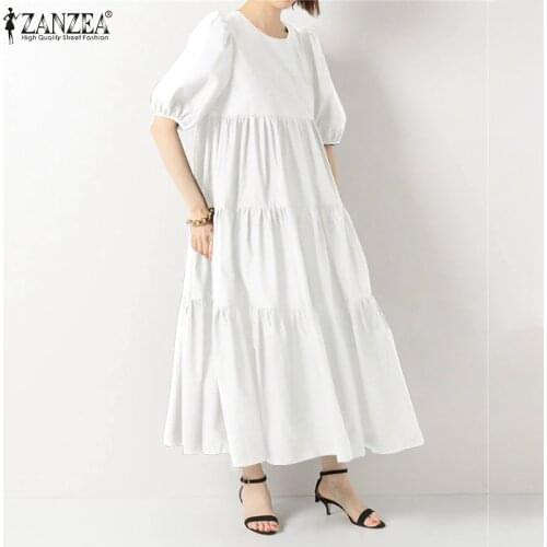 Stylish Summer Solid Dress Womens Ruffle Sundress 2021 ZANZEA Puff Sleeve Maxi Vestidos Female Casual Hollow Robe Plus Size 5XL
