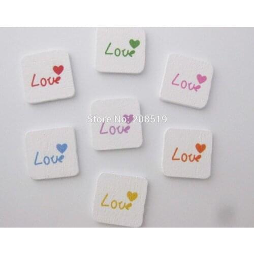 WBNWNK 16MM Square Flat Back White Buttons for craft Decoration 100pcs mix LOVE Wood Button Without Hole