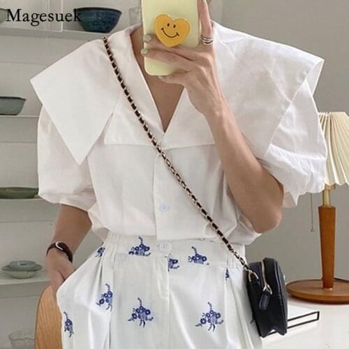 Single-breasted Puff Short Sleeve Ladies Blouse Korean Plus Size Women Clothing White Shirt Women Chic Loose Summer Tops 14448
