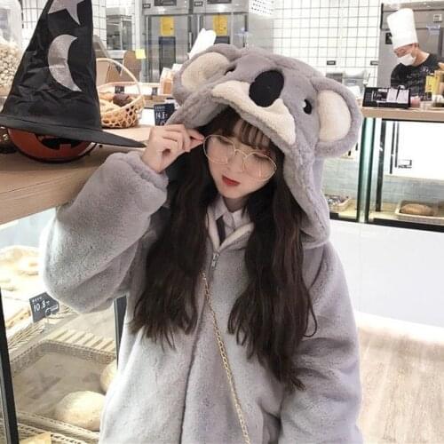 Women Cute Plush Thick Warm Spring Autumn Jacket Lovely Girl Student Furry Hoodies Jackets Kawaii Koala Ears Hooded Sweatshirts