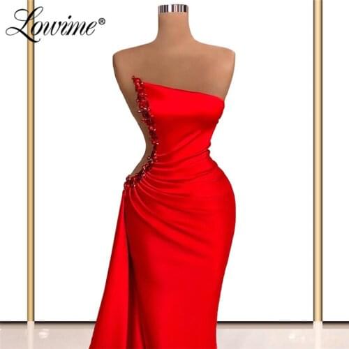 Lowime Simple Mermaid Beading Evening Dresses Gowns Elegant Party Gowns For Women Beaded Crystals Satin Prom Dress Abendkleider