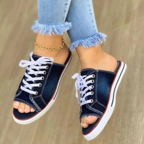 21hot4 Women Canvas 2021 Slipper Woman Lace Up Ladies Peep Toe New Flat Womens Casual Female Fashion Denim Beach Shoes Plus Si
