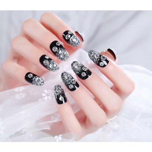 24pcs Black Color DIY Fashion Fake Nails Glitter 3D Rhinestone Nail Art Tips with Glue New Design Long Size Artificial Nail