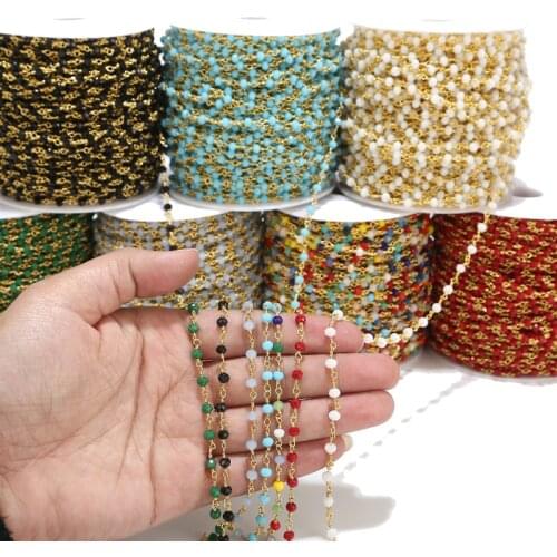 5 Meters Brass Rosary Beaded Chain 4mm Blue Red Black White Cyan Beads Wire Wrapped 18K Gold Plated