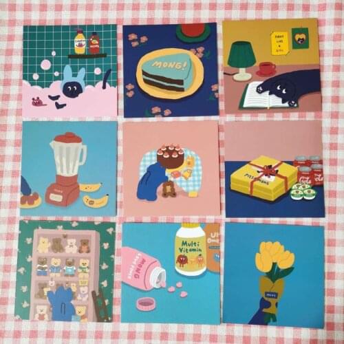 Ins 9 Sheets Cute Cartoon Kitty Decorative Card Double-sided Postcard Diy Background Wall Sticker Photographic Props Stationery