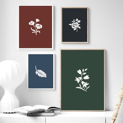 Dark Plant Abstract Wall Art Canvas Print Home Decor Red Blue Green Leaf Budding Rose Flower Poster for Minimal Living Room