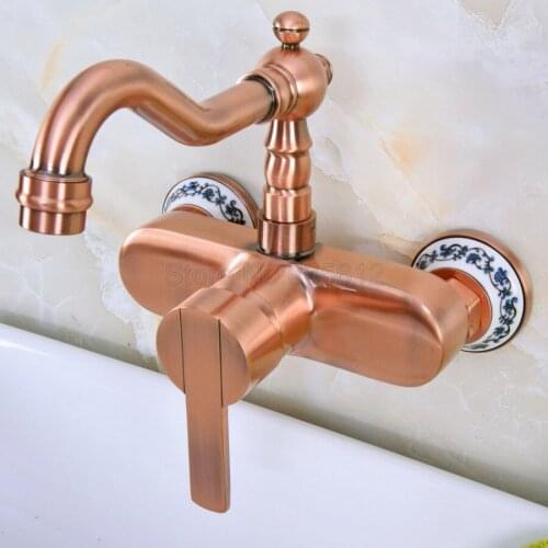Antique Red Copper Wall Mounted Bathroom Sink Faucet Swivel Spout Bathtub Mixer Single Handle tnf940