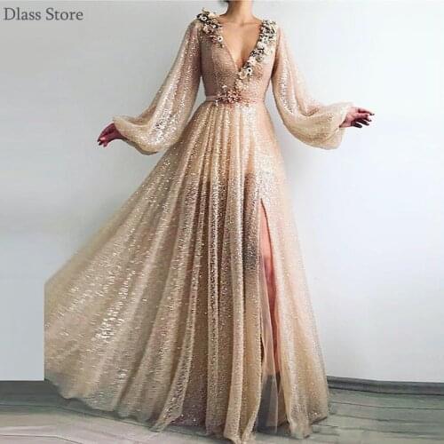 Long Prom Dresses Full Sleeves Bling Sequins Evening Dress Flowers Beads Gold Floor Length Split Illusion платье с блестками
