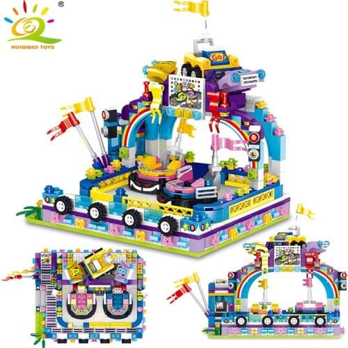 HUIQIBAO 588pcs Amusement Park Bumper Car Model Micro Building Blocks City Street View Mini Bricks Toys Children’s Playground