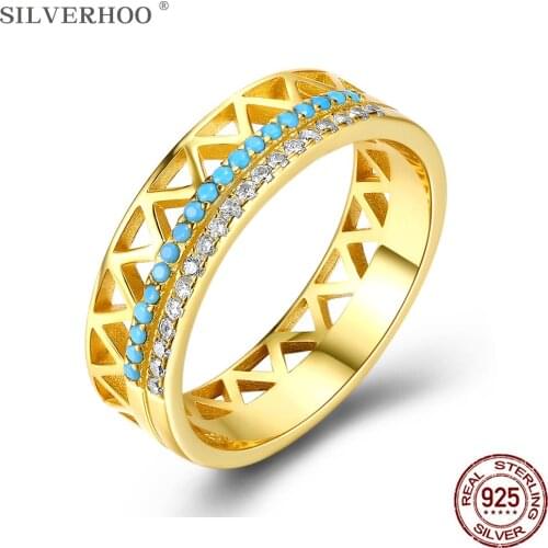 SILVERHOO Sterling Silver 925 Jewelry Women Rings Vintage Hollow Turquoise With 5A+ Zircon CZ Gold Ring Wedding Engagement Gift