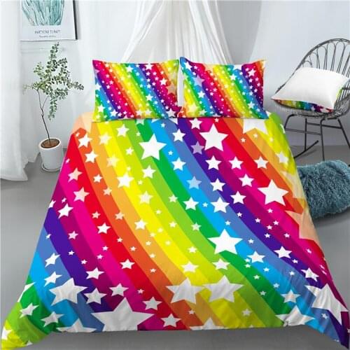 Home Living Luxury 3D Rainbow Stripe Star Print 2/3Pcs Comfortable Duvet Cover PillowCase Bedding Set Queen King AU/EU/US Size