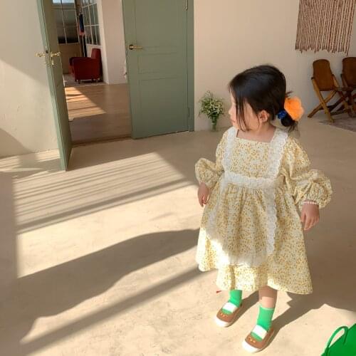 Korean Style New 2021 Spring and Autumn Baby Girls Lace Princess Dress Long Sleeve Toddlers Kids Floral Printed Dresses