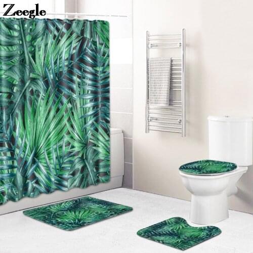 Green Plant Bath Mat and Shower Curtain Set Bathroom Decor Carpet Absorbent Leaves Printed Toilet Mat Rugs Flannel Foot Mat Set