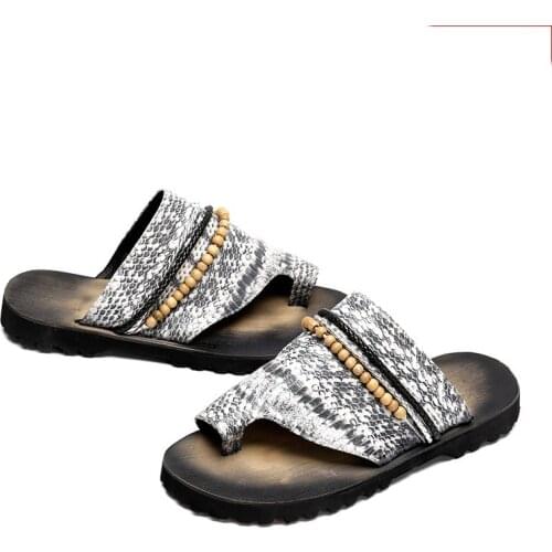 Snake Skin Leather Thong Slippers Flat heel Fashion New Sumemr Mens Beach Sandals Size euro 46