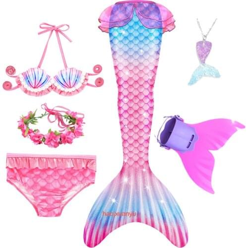 6 Pcs Girls Swimsuit Mermaid Tails for Swimming Kids Mermaid Costume Princess Bikini Bathing Suit With Monofin for 3-12 Year
